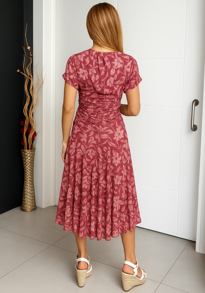 Women's Off-Shoulder Midi Dress with Floral Design and Flowing Skirt