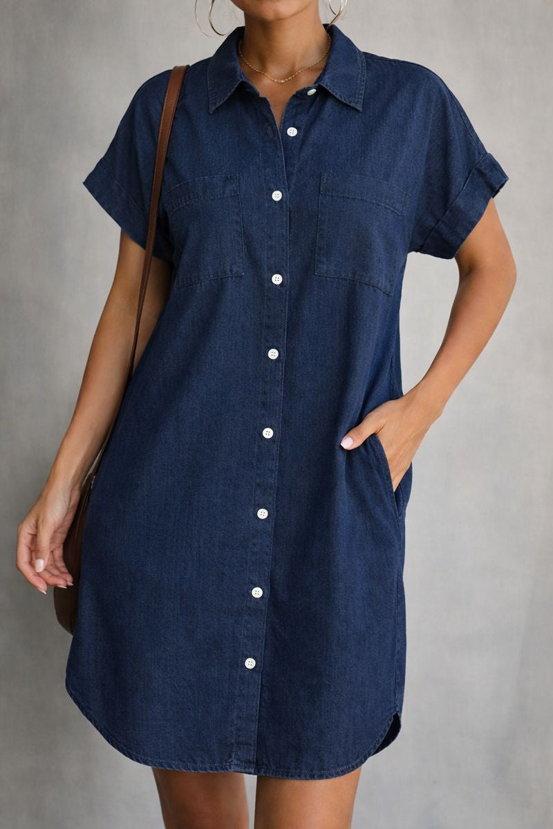 Women's Denim Dress with Short Sleeves and Relaxed Fit