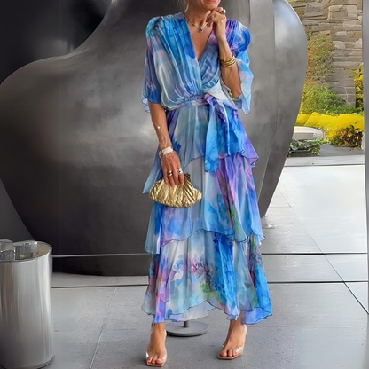 Women's V Neck Cocktail Dress with Tummy Control and Flowing Draped Design