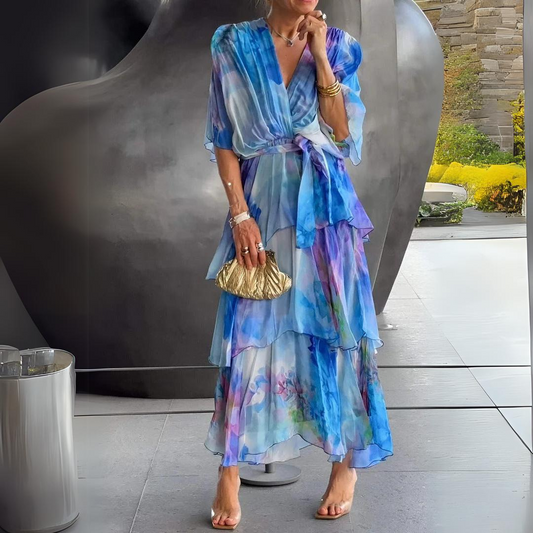 Women's V Neck Cocktail Dress with Tummy Control and Flowing Draped Design