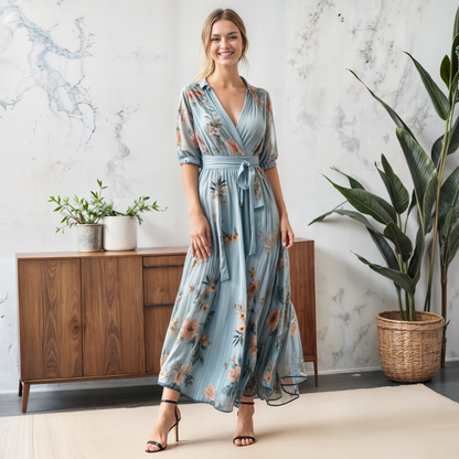 Women's V-Neck Midi Dress with Flattering Cut and Versatile Style