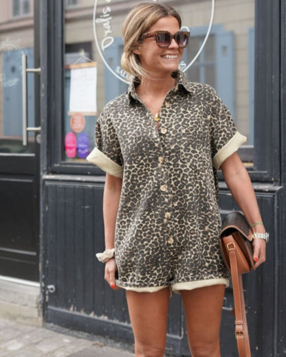 Women's Safari Playsuit with Short Sleeves and Adjustable Waist