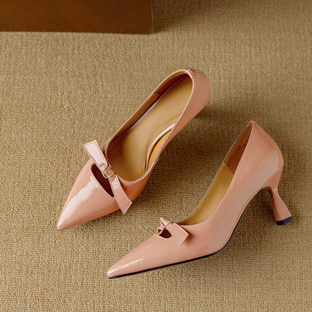 Women's Bow Detail Pumps with Pointed Toe and Kitten Heel