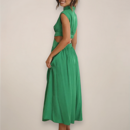 Women’s Crepe Georgette Maxi Dress – Sophisticated Turtleneck Cap Sleeve Cutout Waist Dress