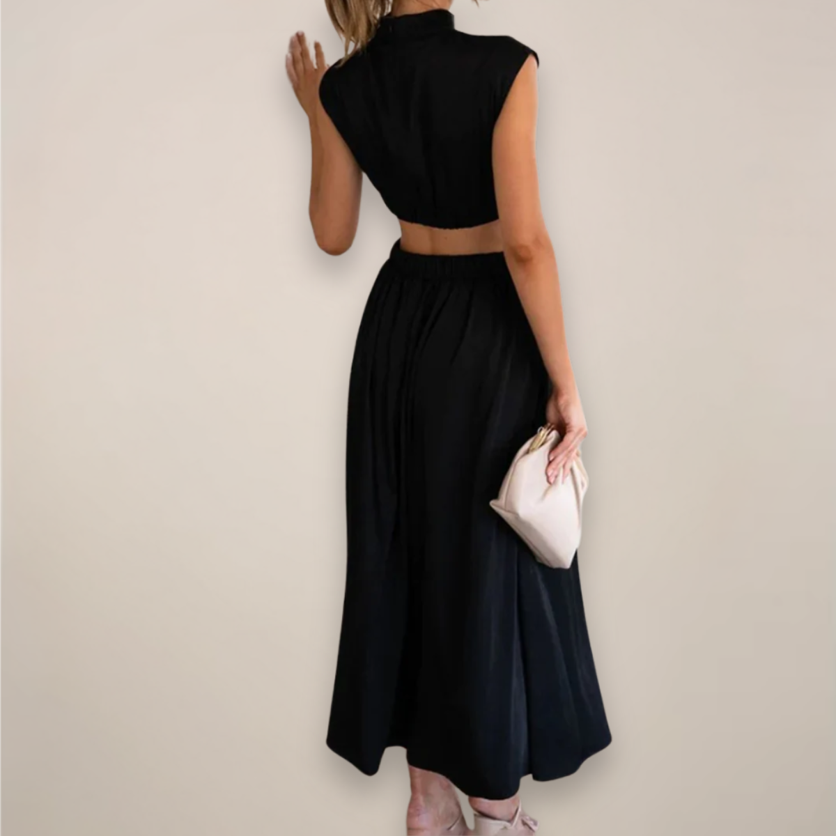 Women’s Crepe Georgette Maxi Dress – Sophisticated Turtleneck Cap Sleeve Cutout Waist Dress
