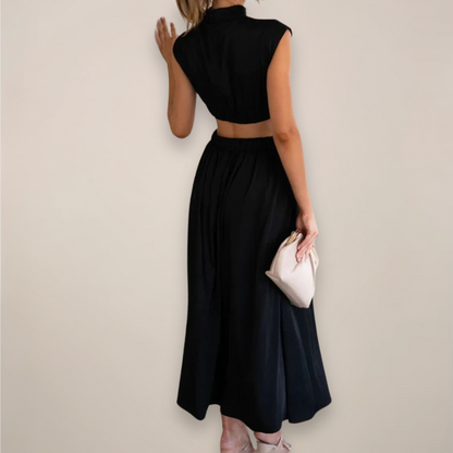 Women’s Crepe Georgette Maxi Dress – Sophisticated Turtleneck Cap Sleeve Cutout Waist Dress