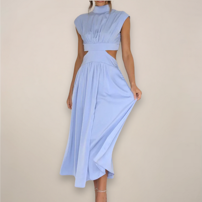 Women’s Crepe Georgette Maxi Dress – Sophisticated Turtleneck Cap Sleeve Cutout Waist Dress