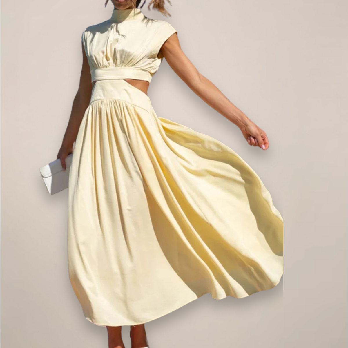 Women’s Crepe Georgette Maxi Dress – Sophisticated Turtleneck Cap Sleeve Cutout Waist Dress