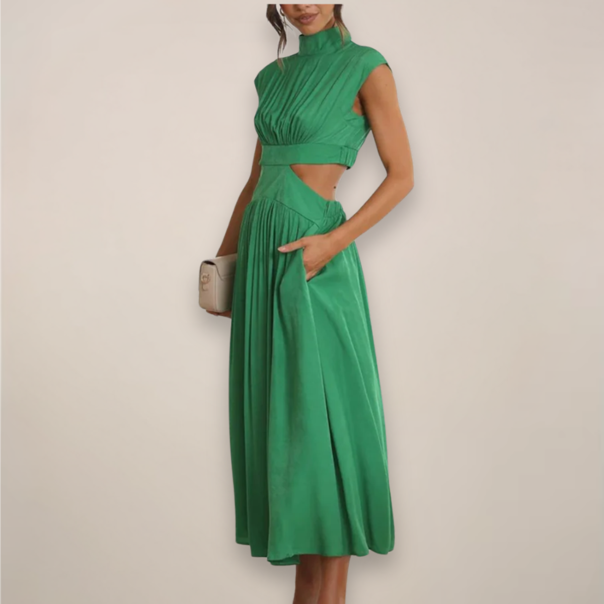 Women’s Crepe Georgette Maxi Dress – Sophisticated Turtleneck Cap Sleeve Cutout Waist Dress