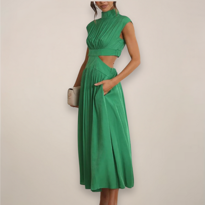 Women’s Crepe Georgette Maxi Dress – Sophisticated Turtleneck Cap Sleeve Cutout Waist Dress