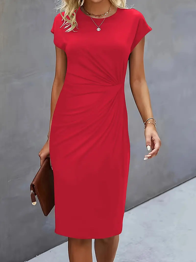 Women’s Crepe Midi Dress – Luxurious Twist Ruched Sculpted Waist Cap Sleeve Dress