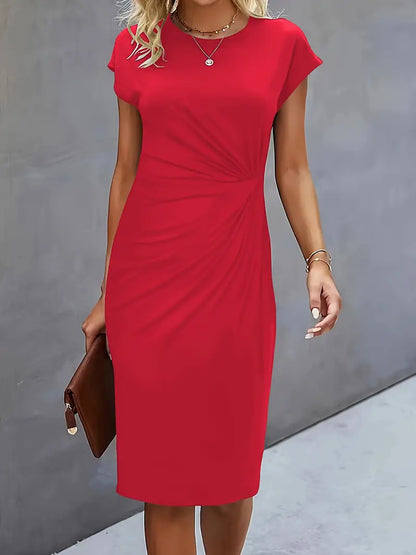 Women’s Crepe Midi Dress – Luxurious Twist Ruched Sculpted Waist Cap Sleeve Dress