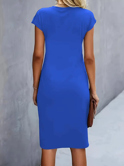 Women’s Crepe Midi Dress – Luxurious Twist Ruched Sculpted Waist Cap Sleeve Dress