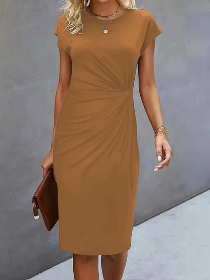 Women’s Crepe Midi Dress – Luxurious Twist Ruched Sculpted Waist Cap Sleeve Dress