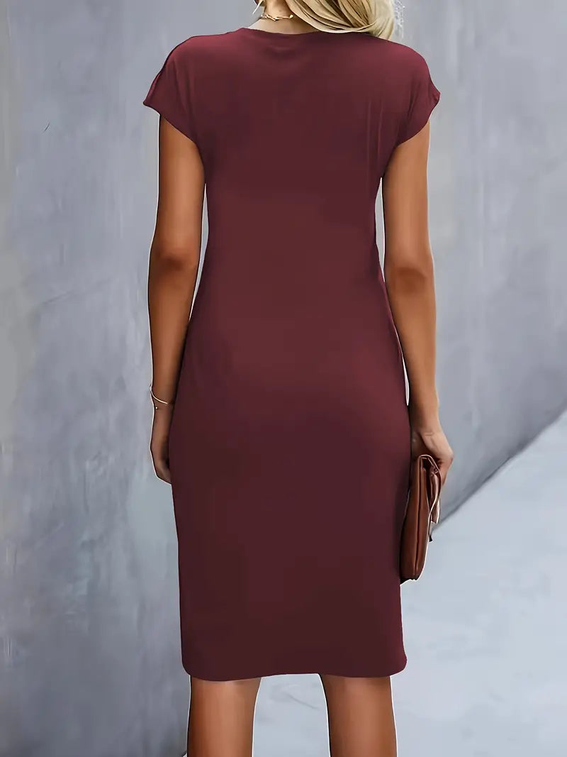 Women’s Crepe Midi Dress – Luxurious Twist Ruched Sculpted Waist Cap Sleeve Dress