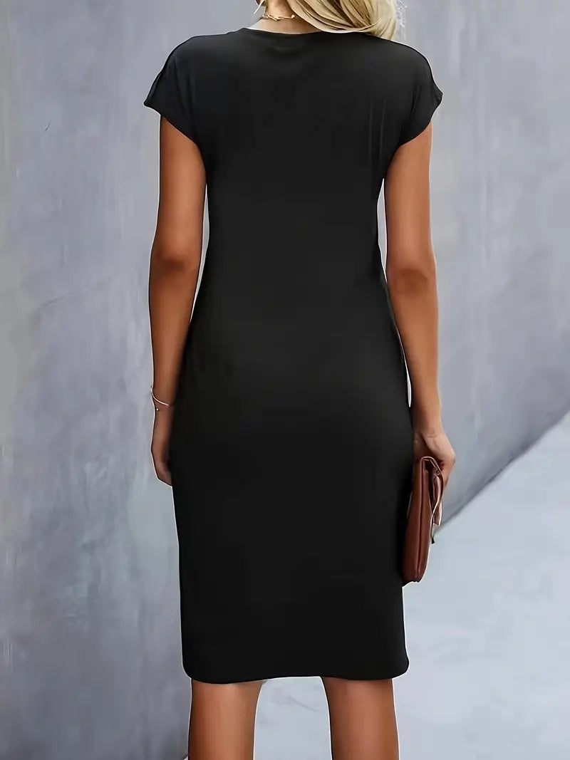 Women’s Crepe Midi Dress – Luxurious Twist Ruched Sculpted Waist Cap Sleeve Dress