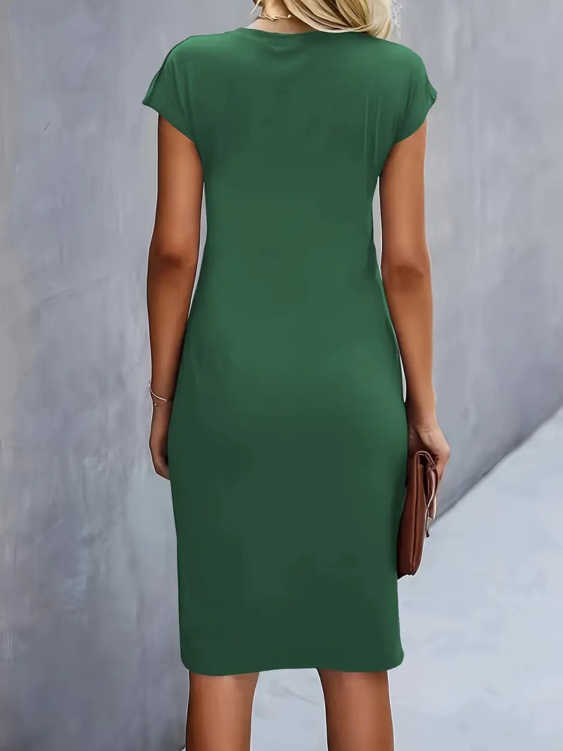 Women’s Crepe Midi Dress – Luxurious Twist Ruched Sculpted Waist Cap Sleeve Dress