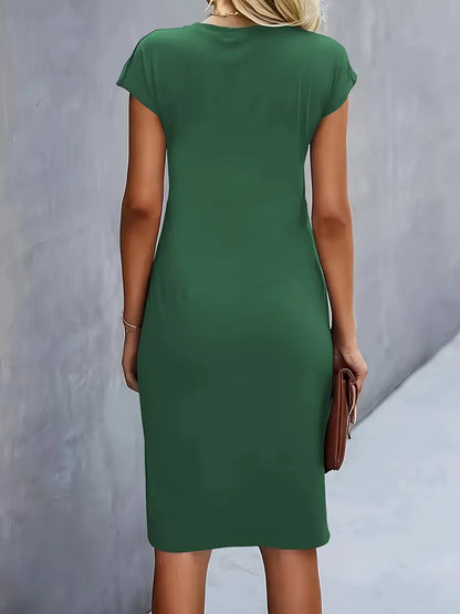 Women’s Crepe Midi Dress – Luxurious Twist Ruched Sculpted Waist Cap Sleeve Dress