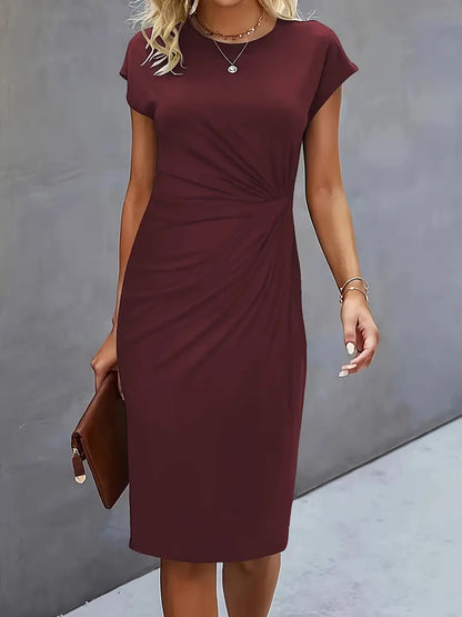 Women’s Crepe Midi Dress – Luxurious Twist Ruched Sculpted Waist Cap Sleeve Dress