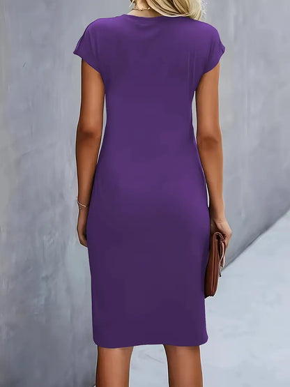 Women’s Crepe Midi Dress – Luxurious Twist Ruched Sculpted Waist Cap Sleeve Dress
