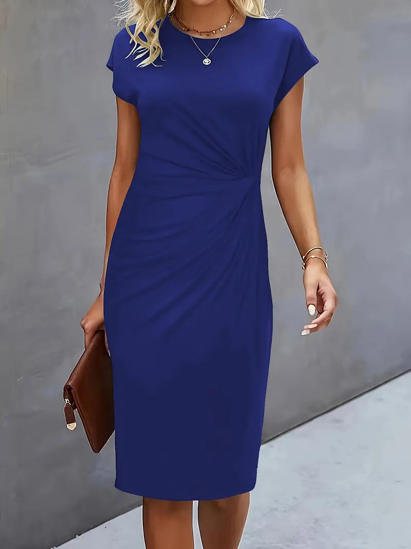Women’s Crepe Midi Dress – Luxurious Twist Ruched Sculpted Waist Cap Sleeve Dress