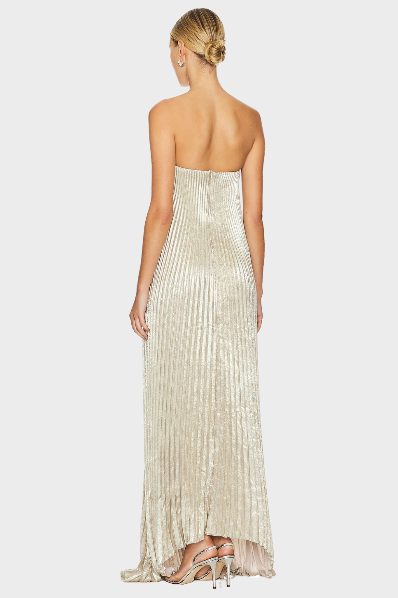 Metallic Pleated Strapless Gown
