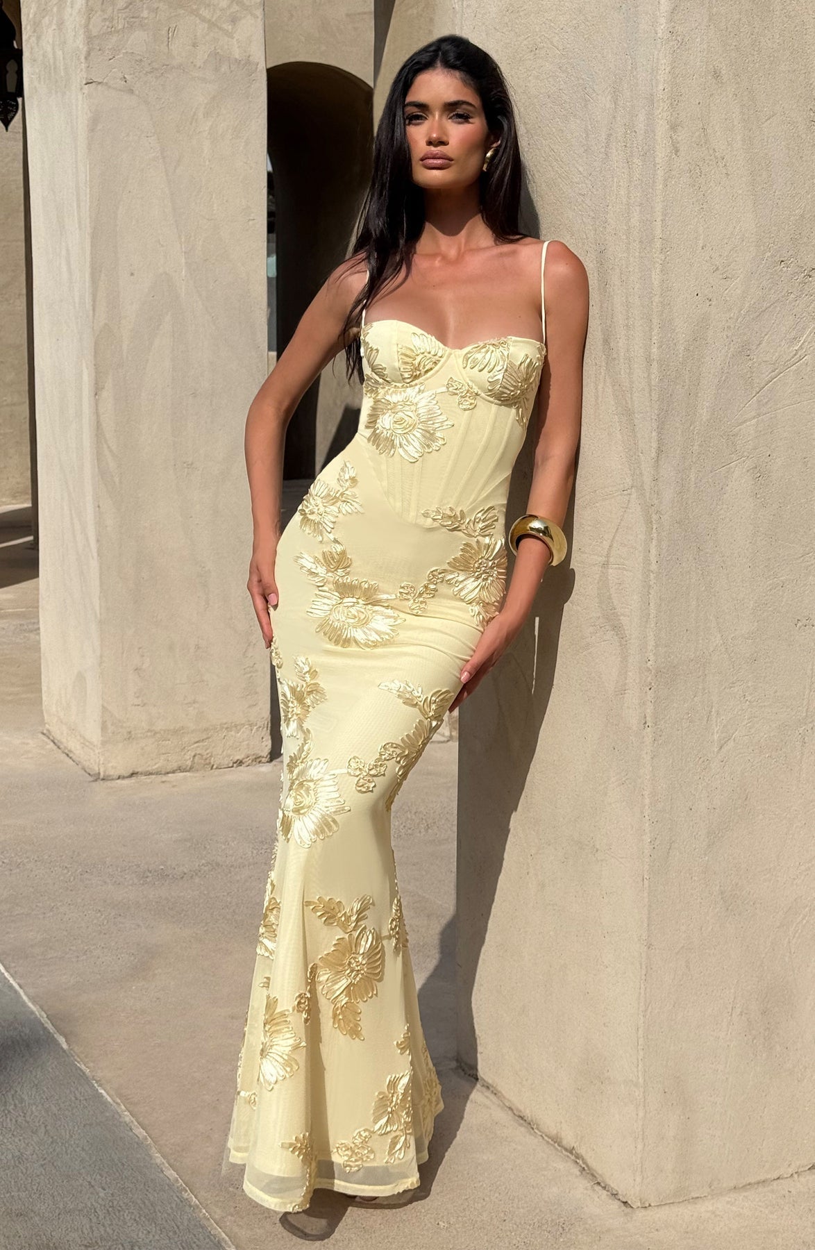 Fitted Satin Maxi Dress with Corset Bodice for Women