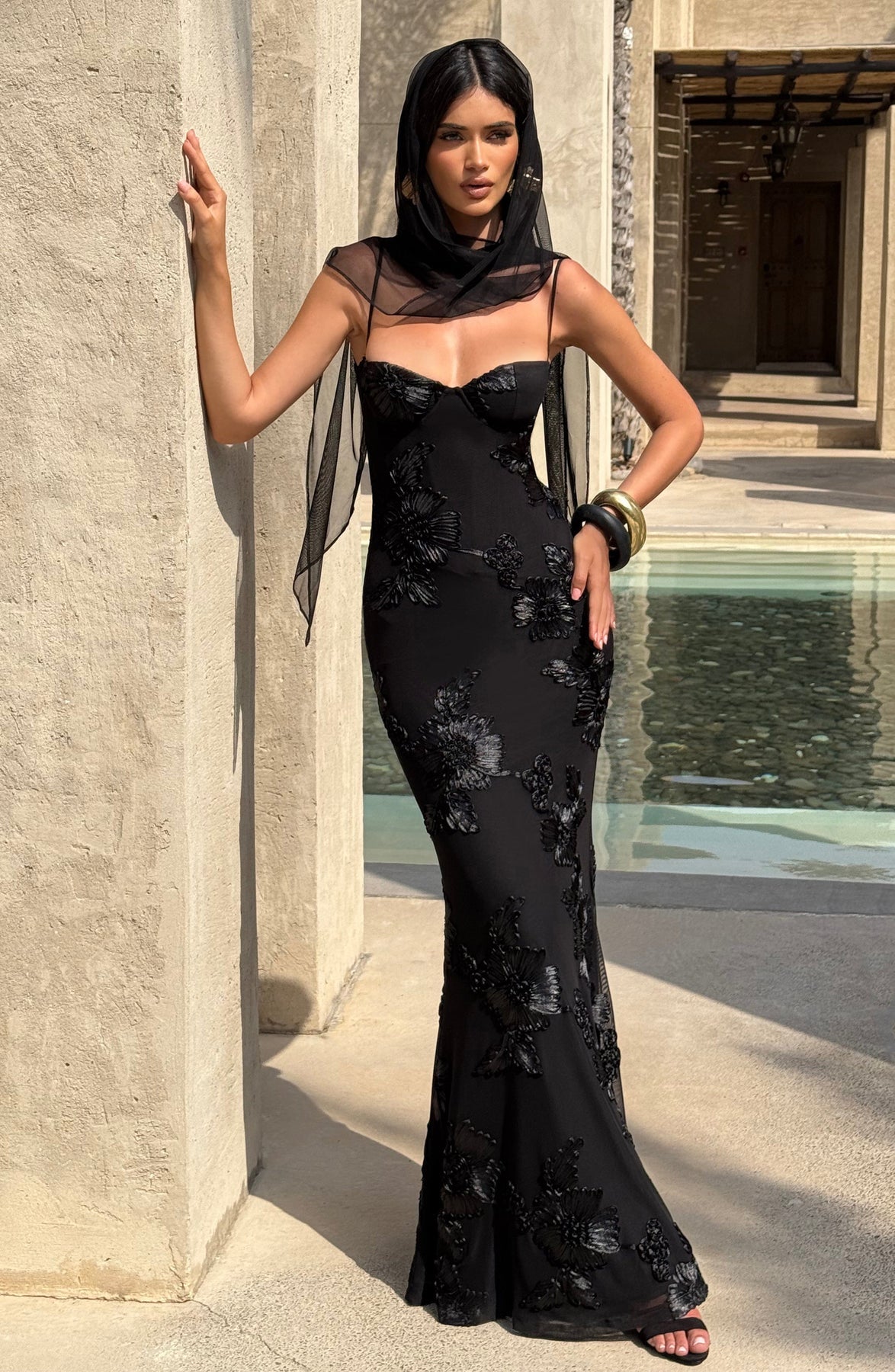 Fitted Satin Maxi Dress with Corset Bodice for Women