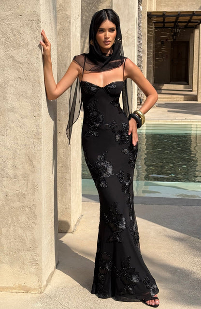Fitted Satin Maxi Dress with Corset Bodice for Women