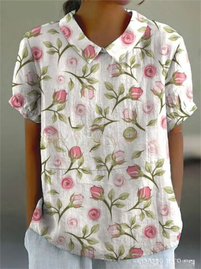 Women's Floral Shirt with Short Sleeves and Button Closure