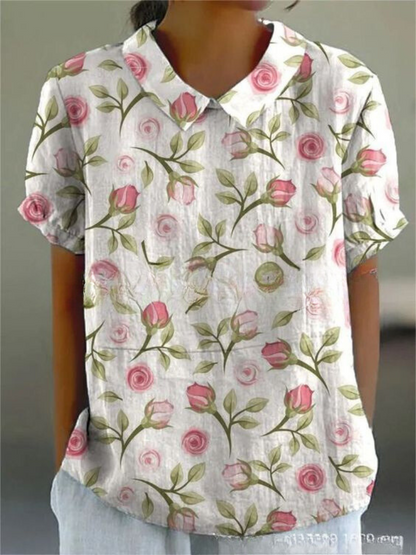 Women's Floral Shirt with Short Sleeves and Button Closure