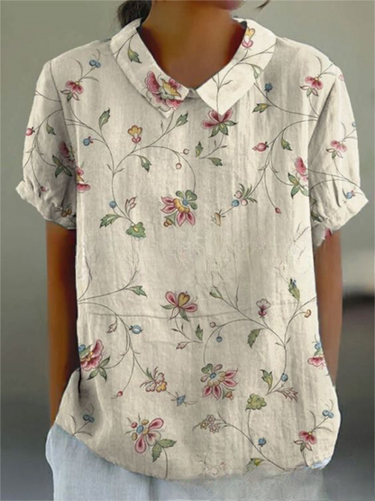 Women's Floral Shirt with Short Sleeves and Button Closure