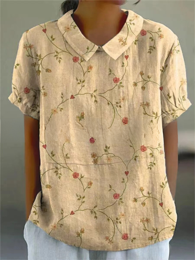 Women's Floral Shirt with Short Sleeves and Button Closure