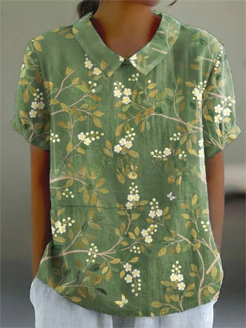 Women's Floral Shirt with Short Sleeves and Button Closure