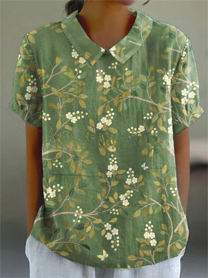 Women's Floral Shirt with Short Sleeves and Button Closure