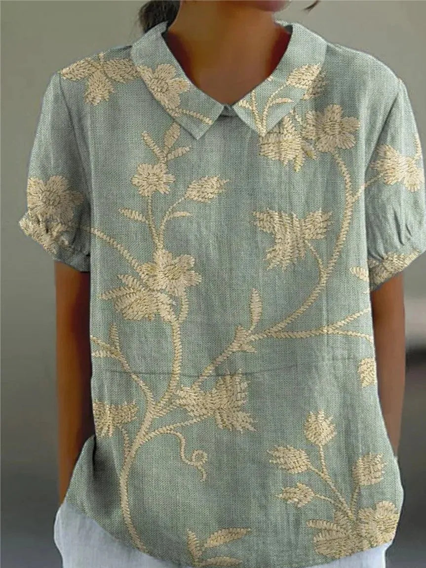 Women's Floral Shirt with Short Sleeves and Button Closure
