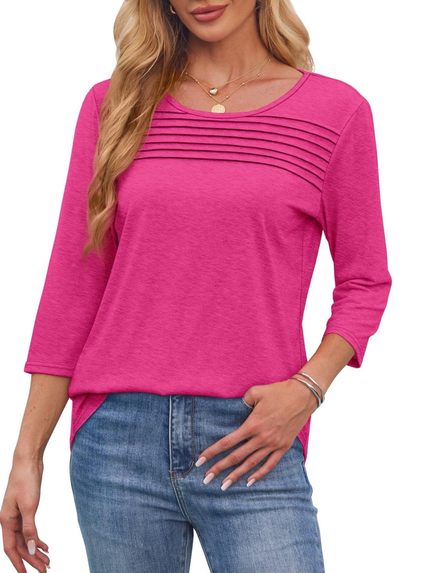 Women's Pleated Chest Top with 3/4 Sleeves and Crew Neck