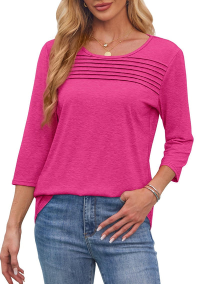 Women's Pleated Chest Top with 3/4 Sleeves and Crew Neck