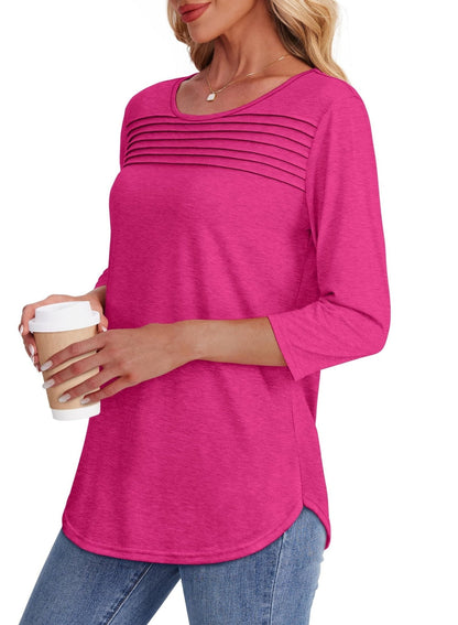 Women's Pleated Chest Top with 3/4 Sleeves and Crew Neck