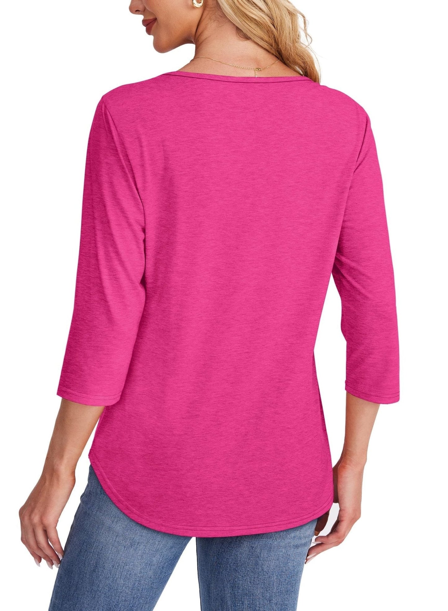 Women's Pleated Chest Top with 3/4 Sleeves and Crew Neck