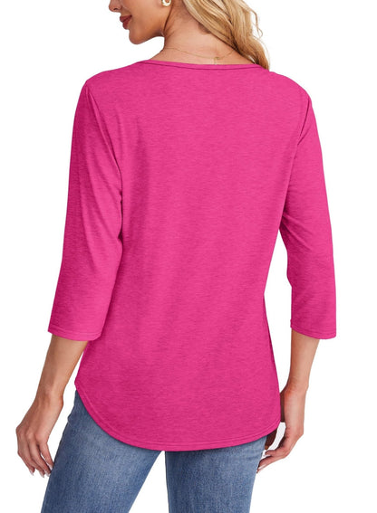 Women's Pleated Chest Top with 3/4 Sleeves and Crew Neck