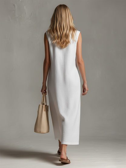 Women’s Sleeveless Midi Dress – Ultra Chic Stand Collar Zipper Premium Blend Wrinkle-Resistant Dress