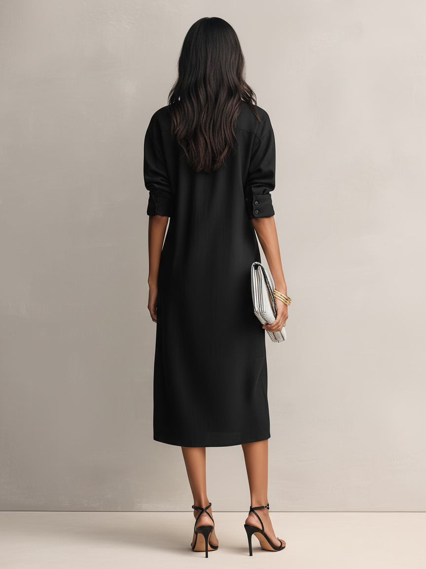 Women’s Cotton Linen Midi Dress – Classic Shirt Collar Breathable All-Day Comfort Dress