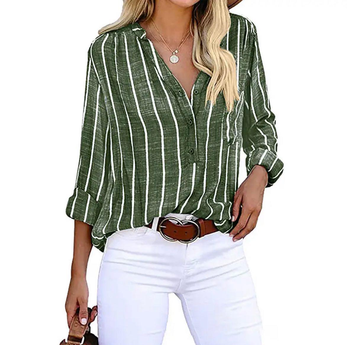 Women's Casual Blouse with Striped Pattern and Short Sleeves