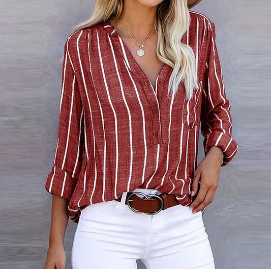 Women's Casual Blouse with Striped Pattern and Short Sleeves