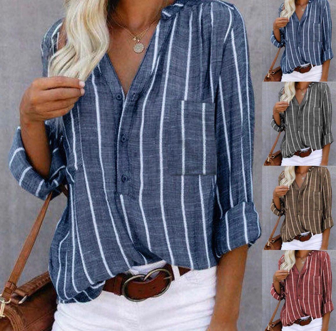 Women's Casual Blouse with Striped Pattern and Short Sleeves