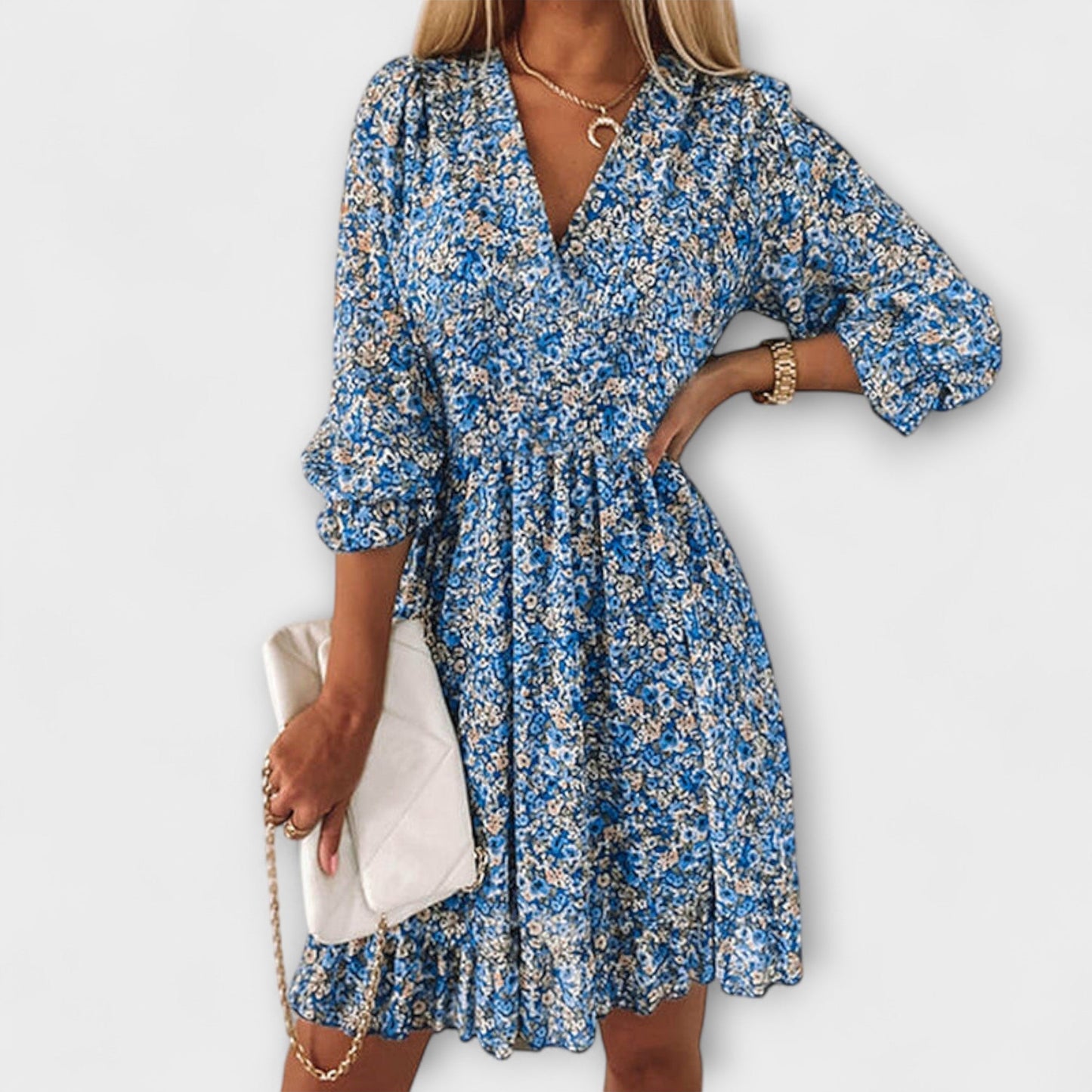 Women's Floral Dress with Puff Sleeves and A-Line Silhouette