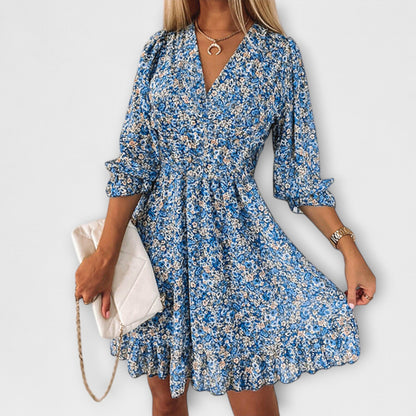 Women's Floral Dress with Puff Sleeves and A-Line Silhouette