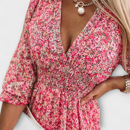 Women's Floral Dress with Puff Sleeves and A-Line Silhouette