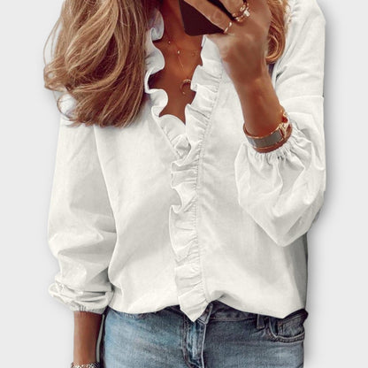 Women's Long Sleeve Blouse with Ruffle Front and V-Neck